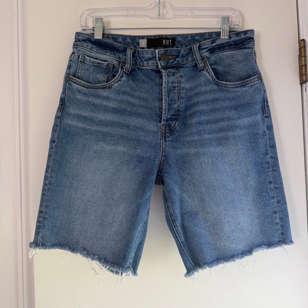 Kut from the Kloth Margot High Rise Long Shorts Blue Denim Raw Hem Size 8